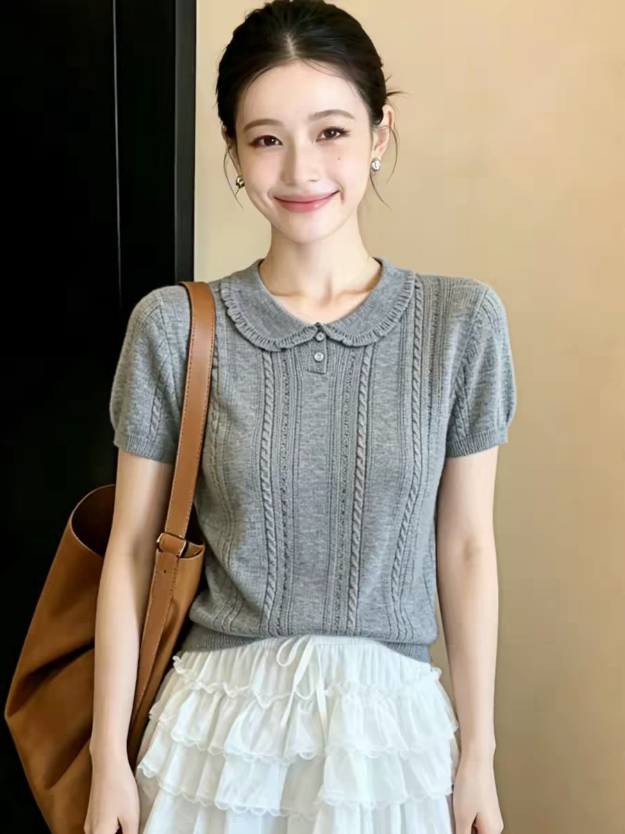 灰色polo領短袖針織衫女款2026新款夏季薄款設計感獨特漂亮上衣服