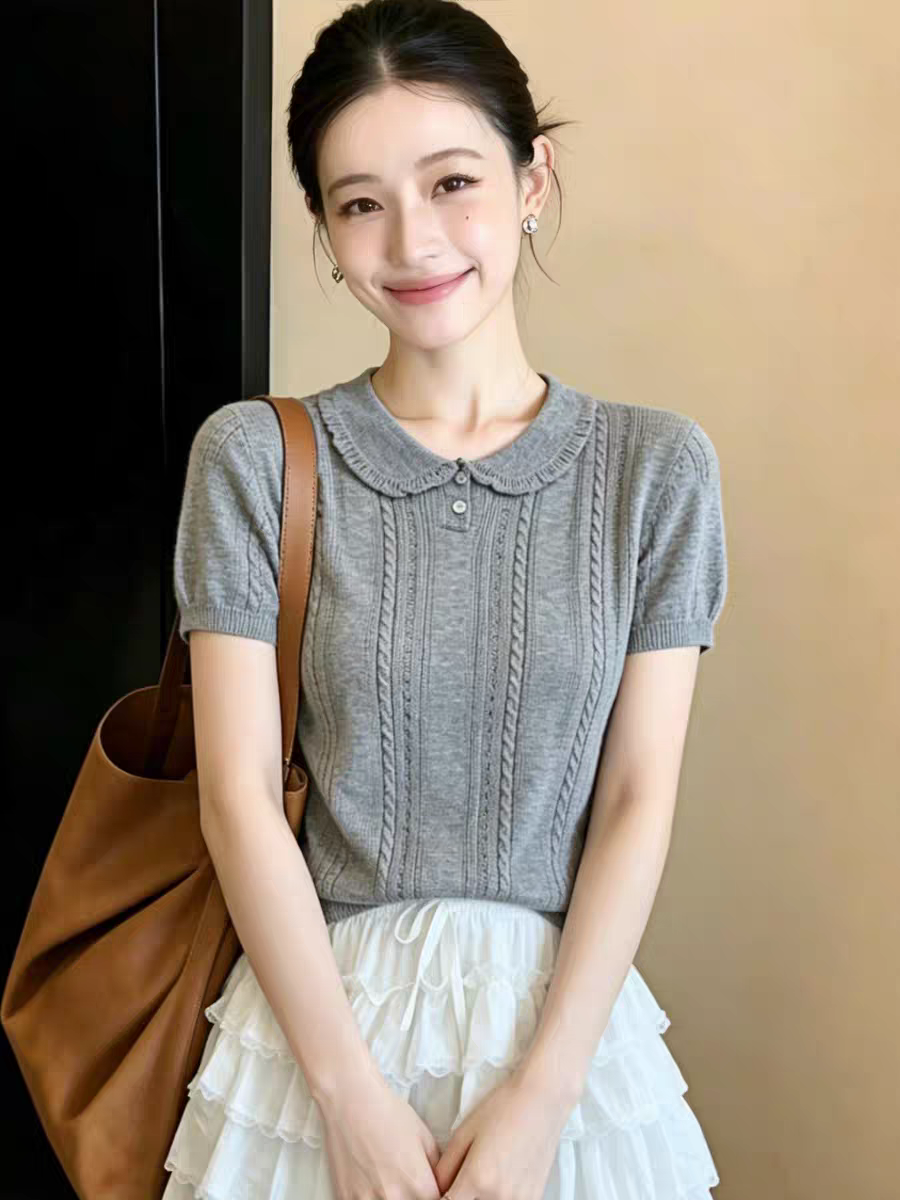灰色polo領短袖針織衫女款2026新款夏季薄款設計感獨特漂亮上衣服
