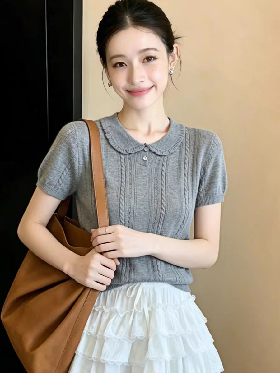 灰色polo領短袖針織衫女款2026新款夏季薄款設計感獨特漂亮上衣服