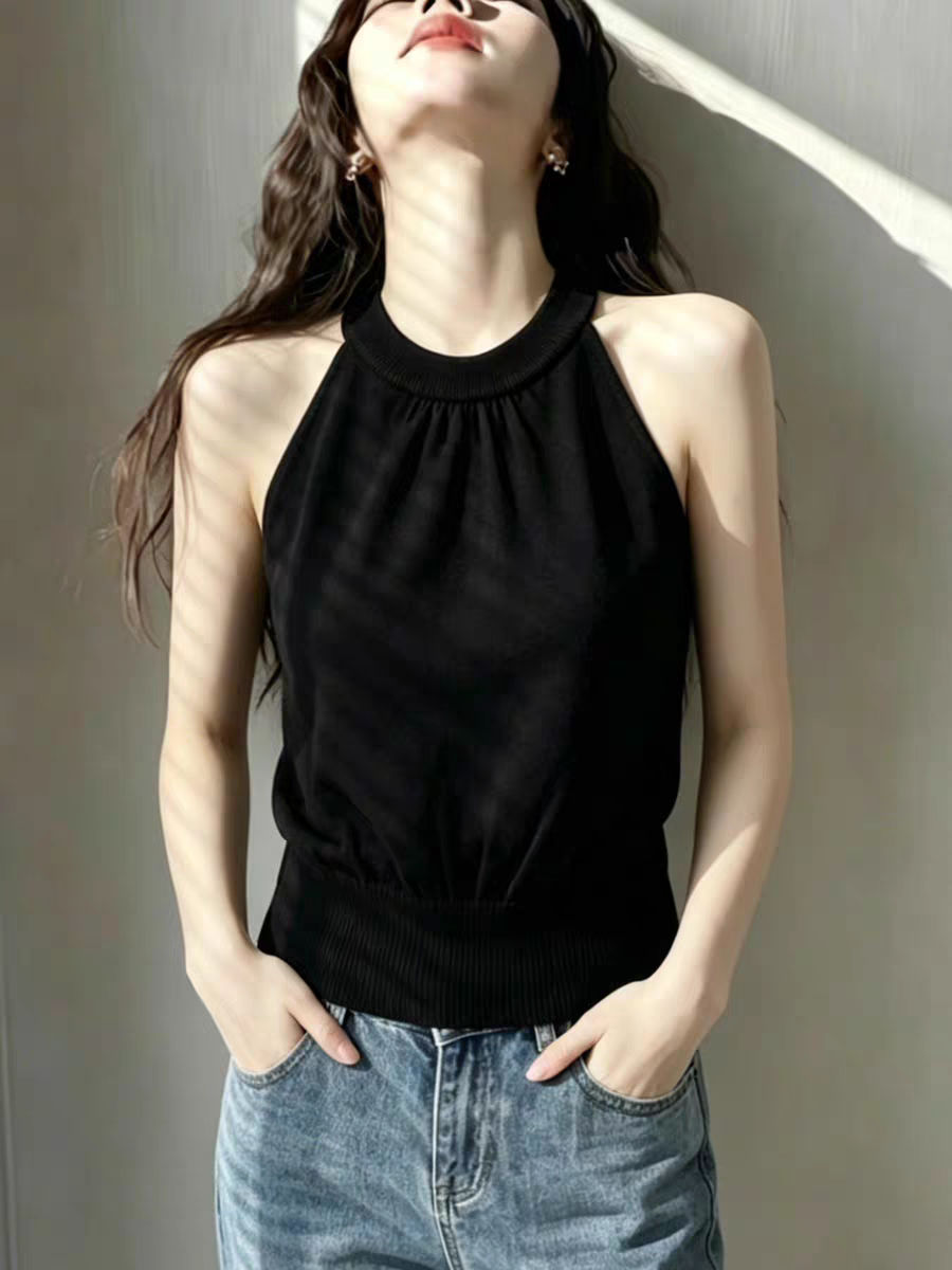 掛脖露肩無袖針織吊帶背心女夏季2026新款收腰褶皺老錢風穿搭上衣