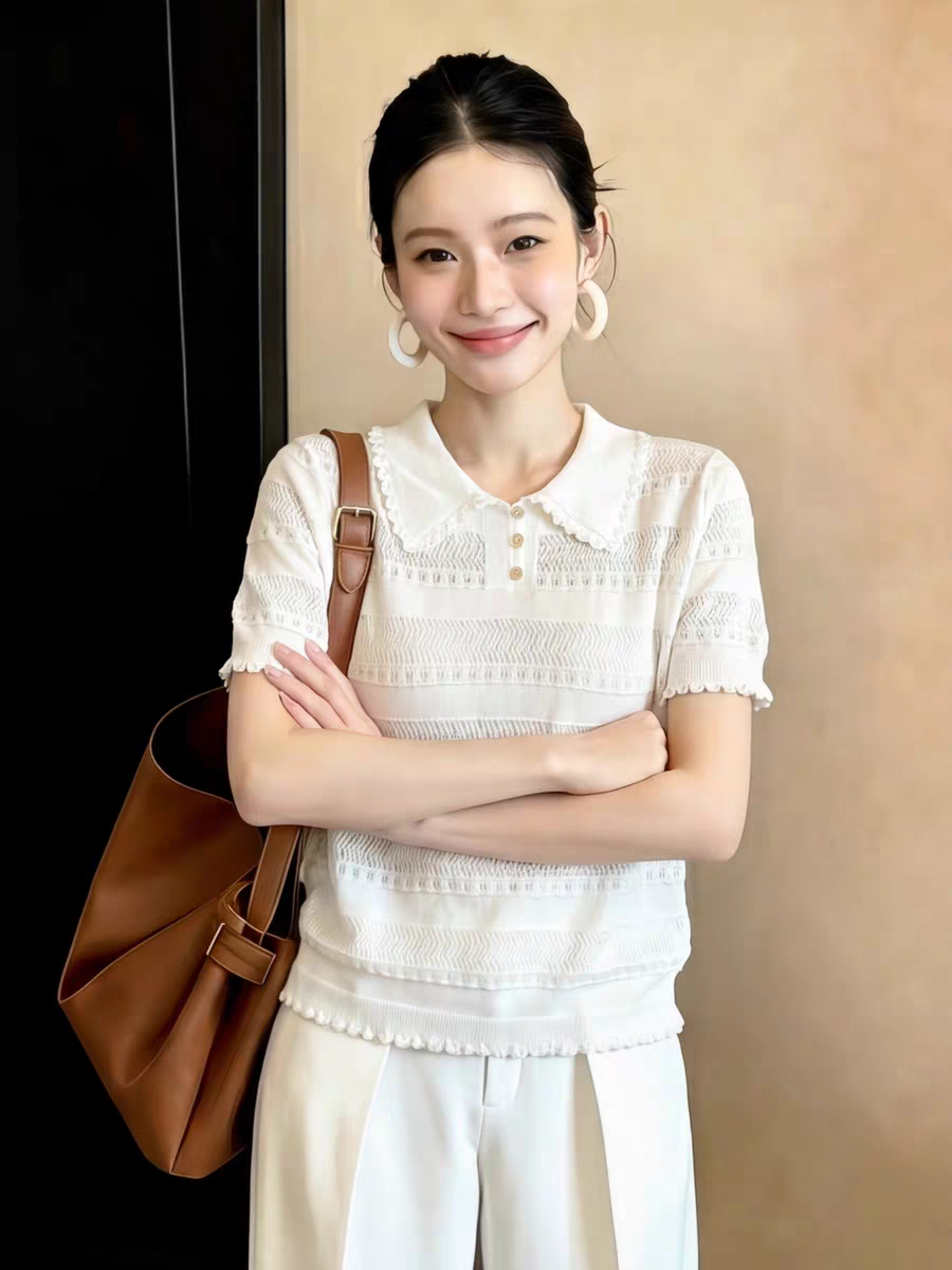 韓系溫柔風白色Polo領鏤空短袖針織衫女夏小眾設計感洋氣減齡上衣