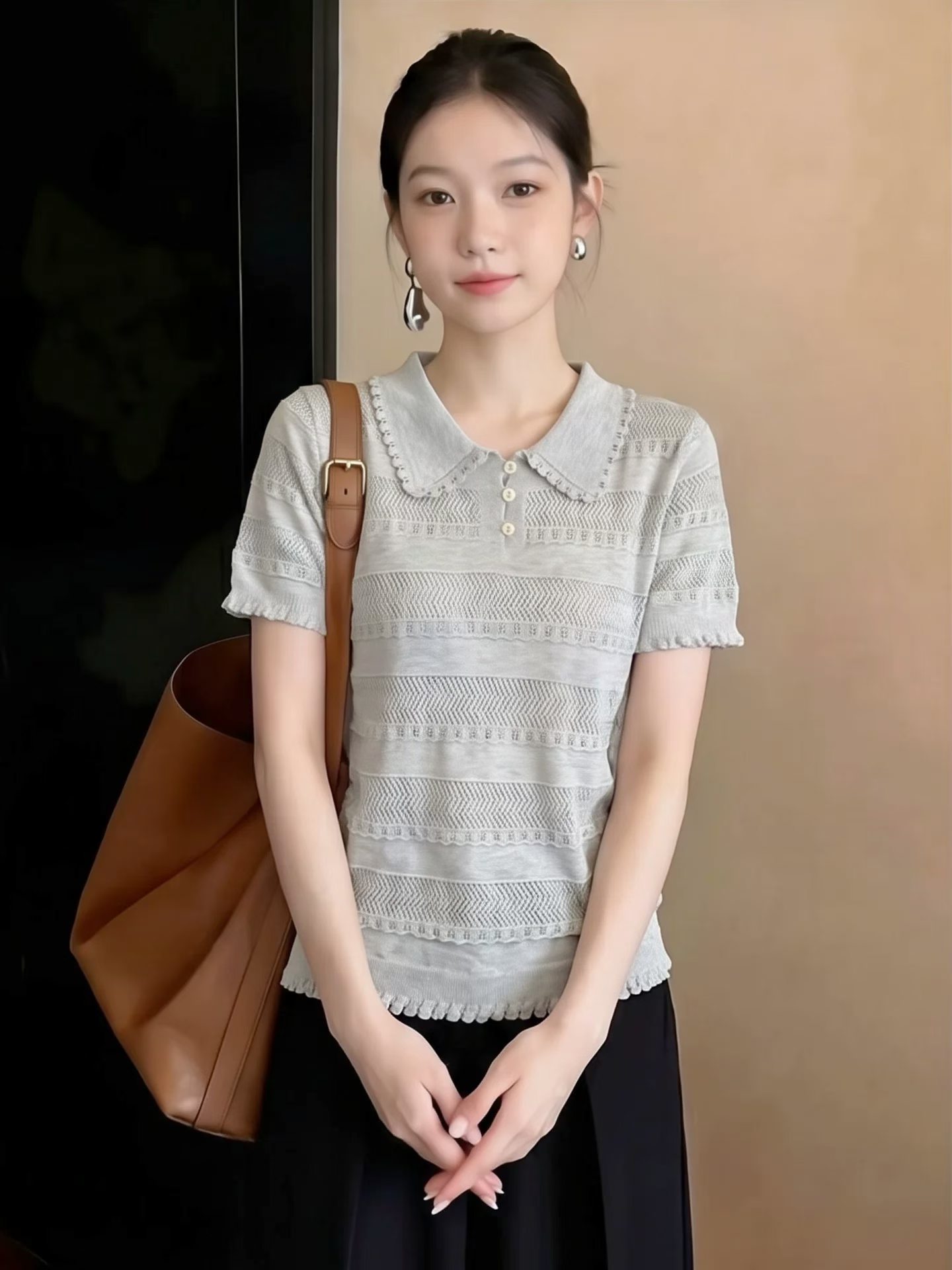 韓系溫柔風白色Polo領鏤空短袖針織衫女夏小眾設計感洋氣減齡上衣