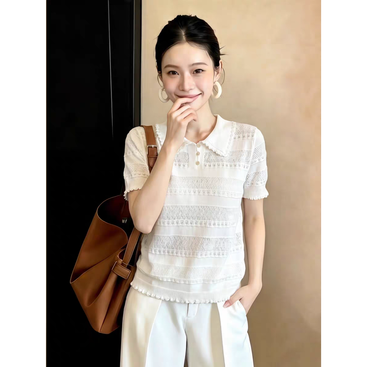 韓系溫柔風白色Polo領鏤空短袖針織衫女夏小眾設計感洋氣減齡上衣