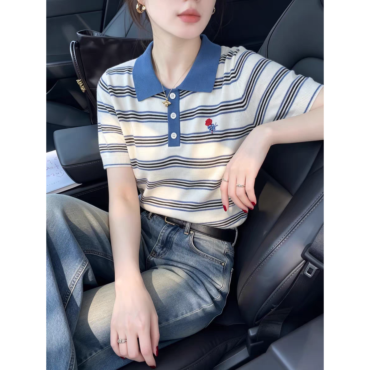 藍色polo領寬松韓系穿搭短袖T恤女裝2026夏季設計感獨特漂亮上衣