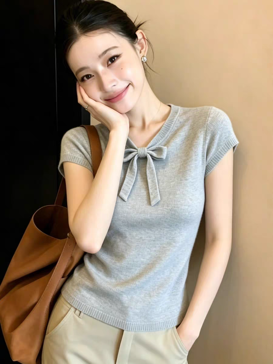 韓系穿搭蝴蝶結V領針織短袖女夏2026新款獨特漂亮薄款針織衫上衣