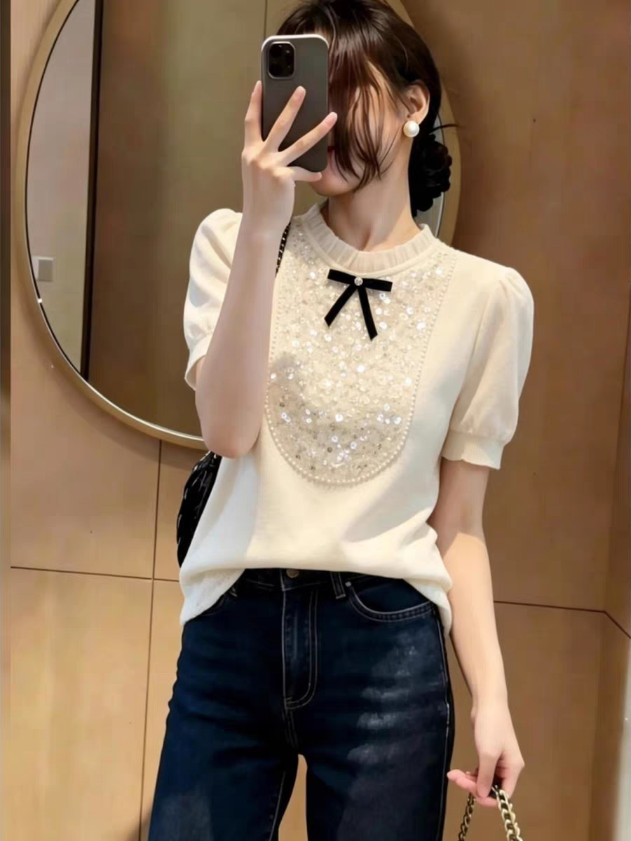 廣州十三行高貨亮片網紗拼接針織衫女夏季小眾獨特泡泡袖百搭上衣