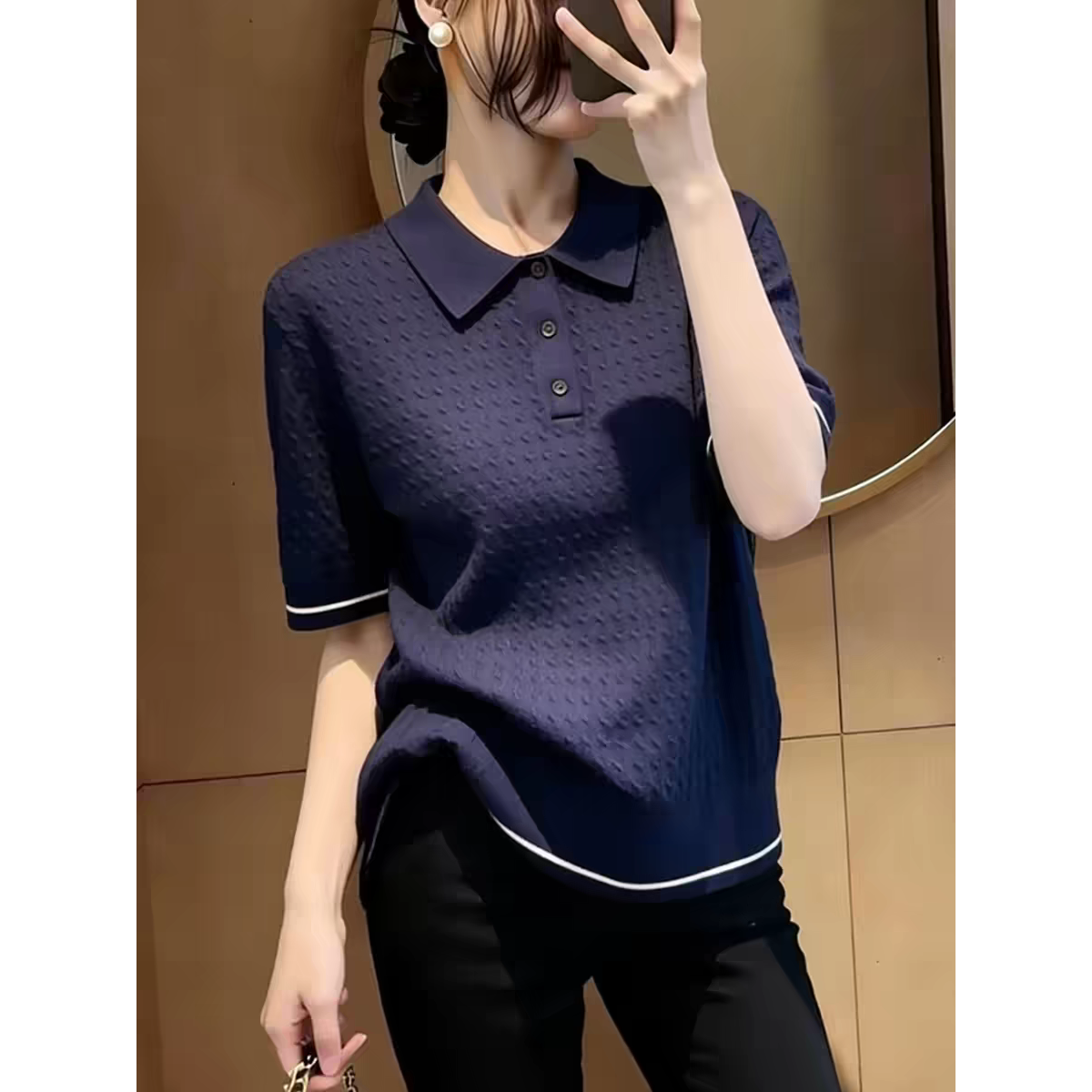 深藍色紐扣設計翻領短袖2026夏季新款顯瘦百搭大碼上衣女