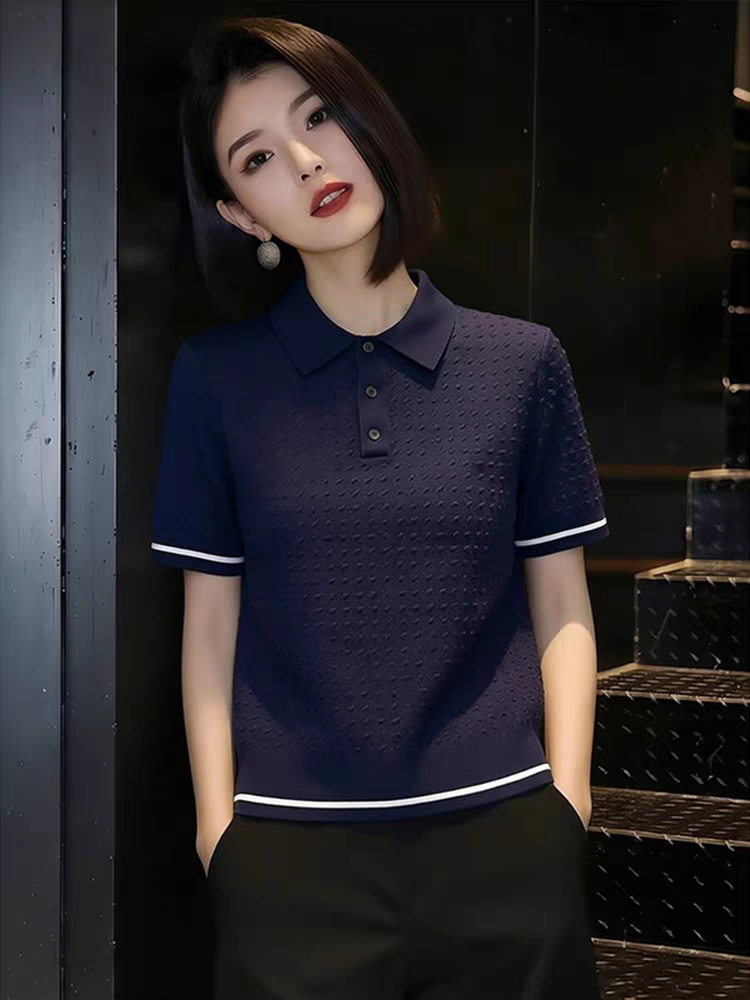 深藍色紐扣設計翻領短袖2026夏季新款顯瘦百搭大碼上衣女