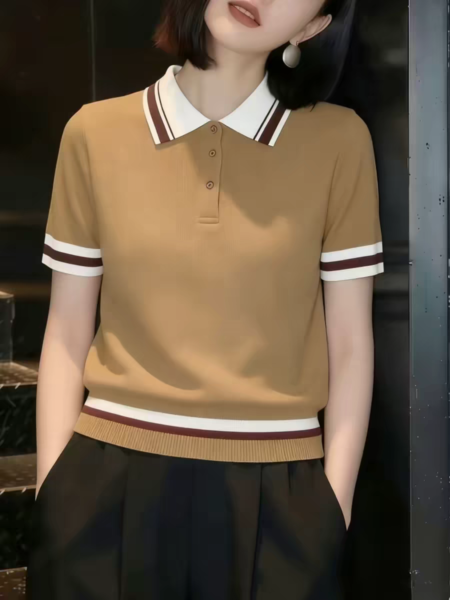 時尚黃色polo領短袖T恤女夏季新款寬松小眾高級感氣質上衣