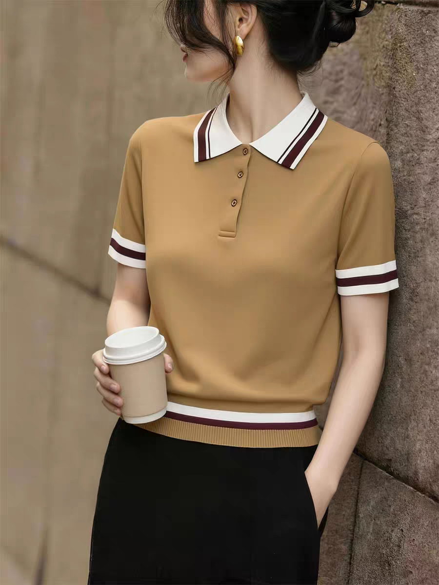 時尚黃色polo領短袖T恤女夏季新款寬松小眾高級感氣質上衣