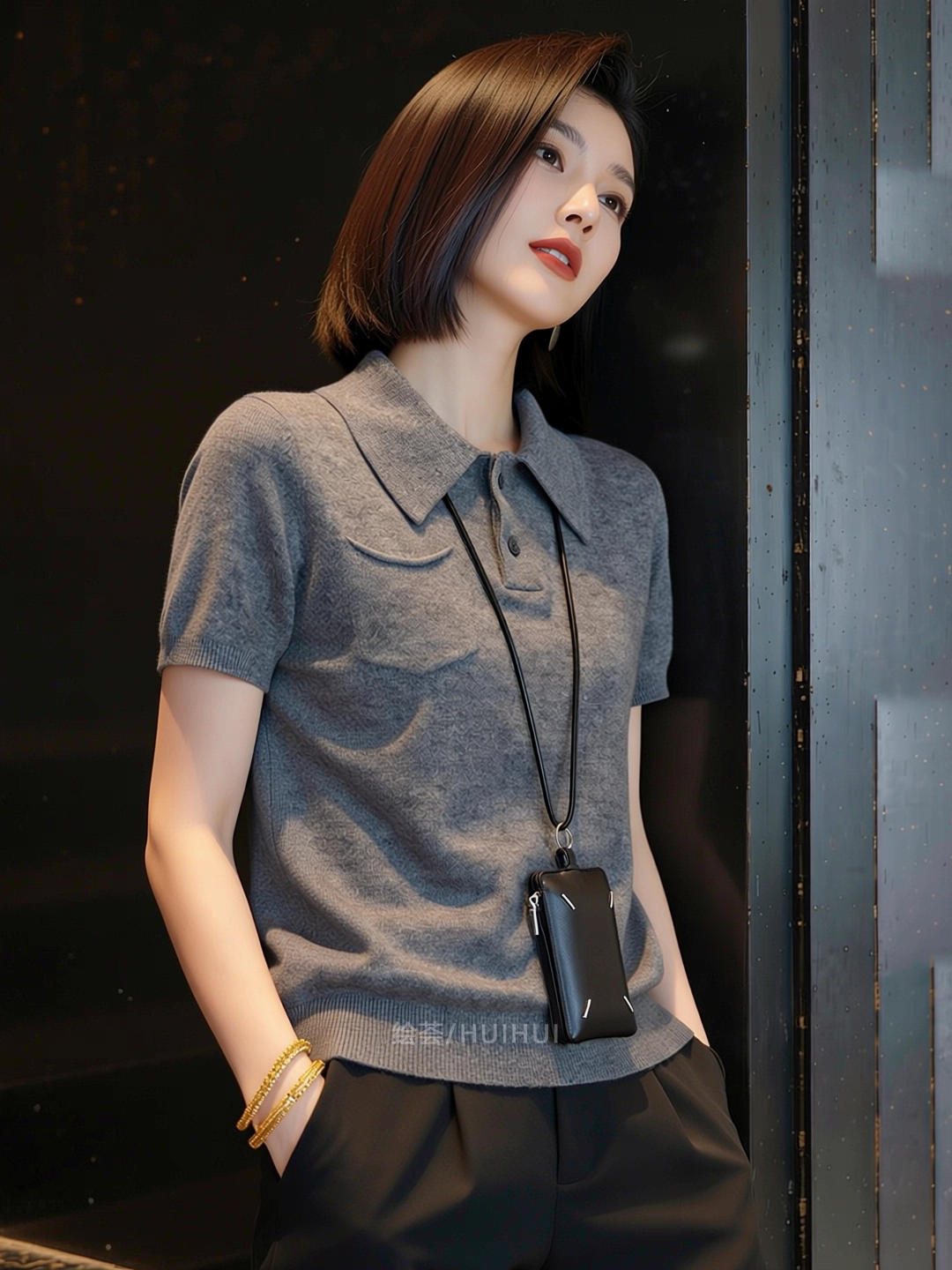 灰色翻領t恤女士2026夏季新款時尚減齡修身顯瘦正肩針織體恤上衣
