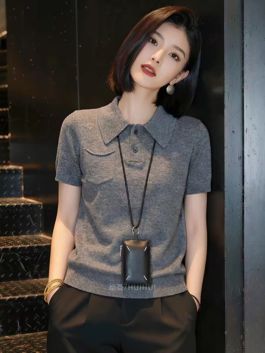 灰色翻領t恤女士2026夏季新款時尚減齡修身顯瘦正肩針織體恤上衣
