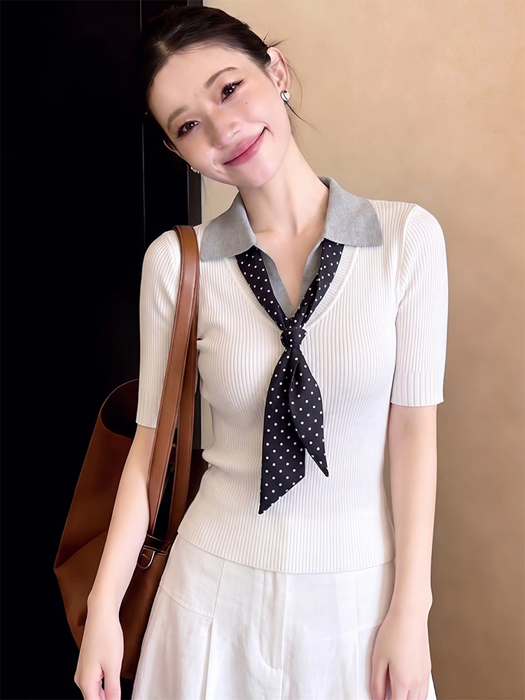復古撞色翻領假兩件中袖針織衫女夏季小眾高級老錢風修身顯瘦上衣