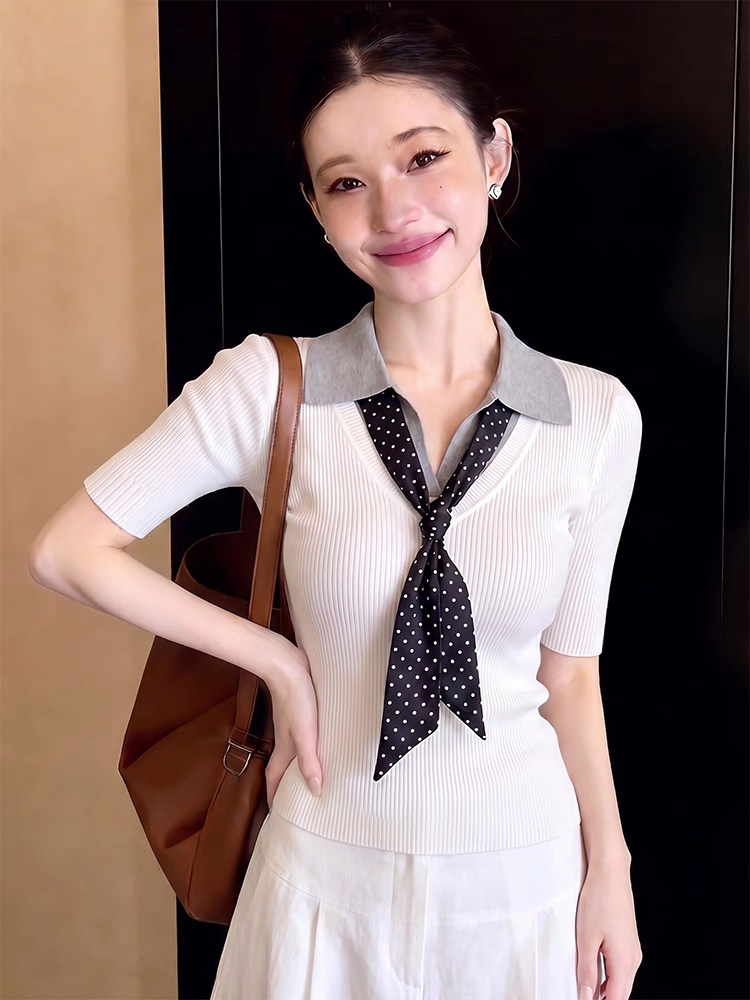 復古撞色翻領假兩件中袖針織衫女夏季小眾高級老錢風修身顯瘦上衣
