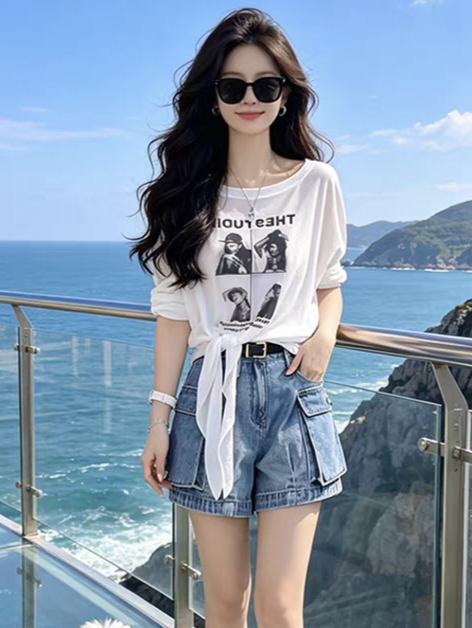 防曬罩衫女薄款夏季2026新款慵懶風海邊穿搭印花寬松白色長袖t恤