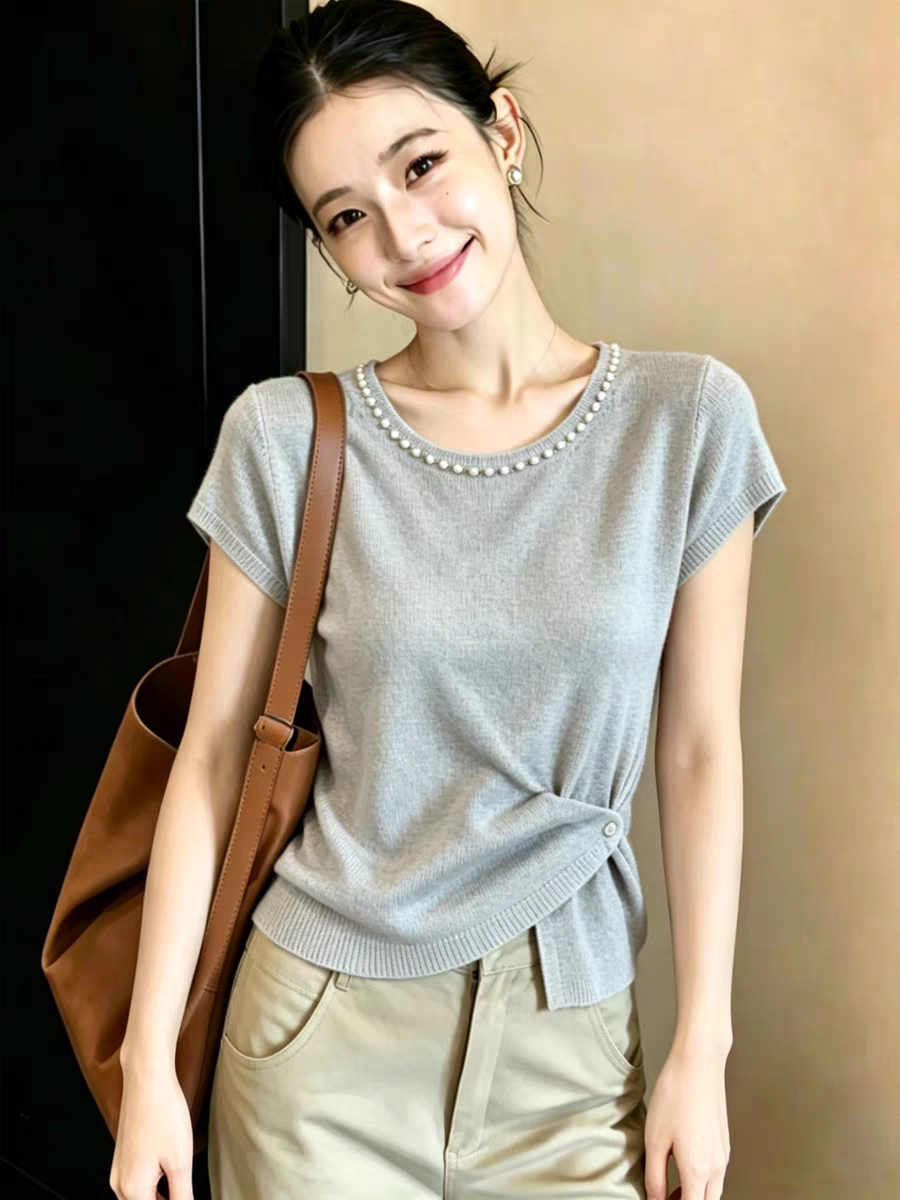 圓領釘珠薄款短袖針織衫女款2026新款夏季設計感收腰顯瘦百搭上衣