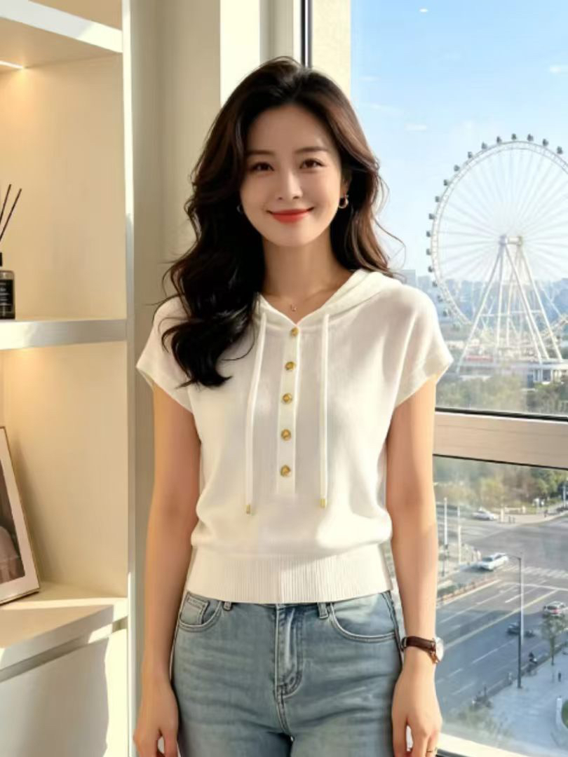 韓系極簡風連帽短袖針織衫t恤女夏季高級感氣質減齡修身顯瘦上衣
