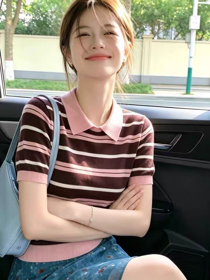 韓系學院風撞色條紋翻領針織衫短袖T恤女夏季正肩polo衫氣質上衣