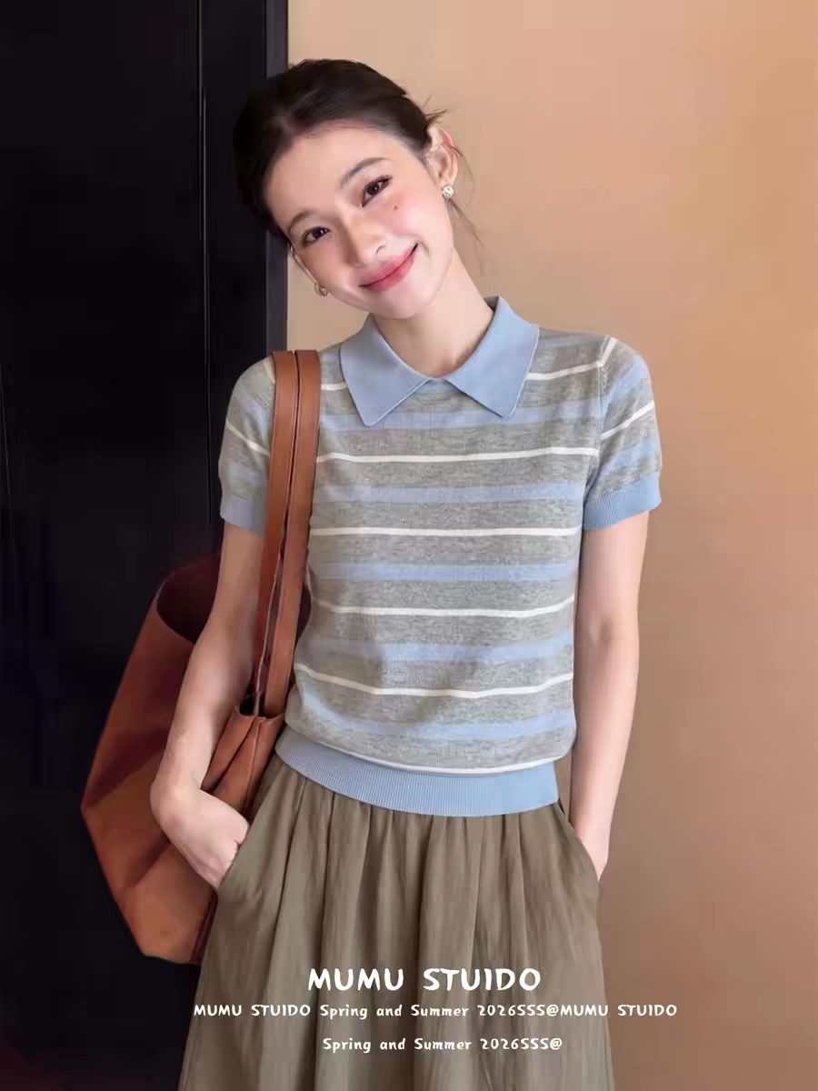 韓系學院風撞色條紋翻領針織衫短袖T恤女夏季正肩polo衫氣質上衣