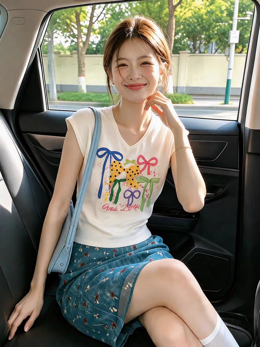 白色V領蝴蝶結印花寬松背心吊帶女2026夏季超火減齡巨好看的上衣