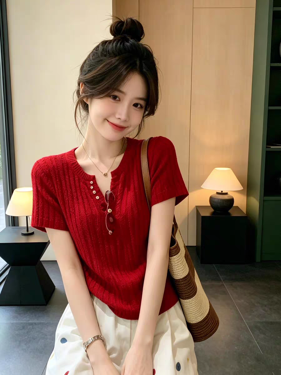 豎麻花紐扣針織夏季新款小個子短袖設計感簡約女百搭針織上衣