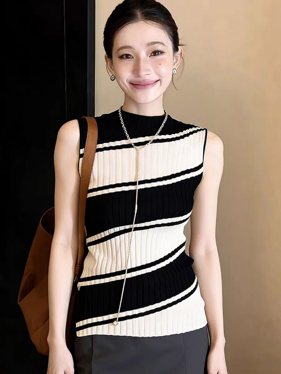 2026夏季撞色條紋設計感小眾冰絲針織背心韓版修身顯瘦無袖上衣女