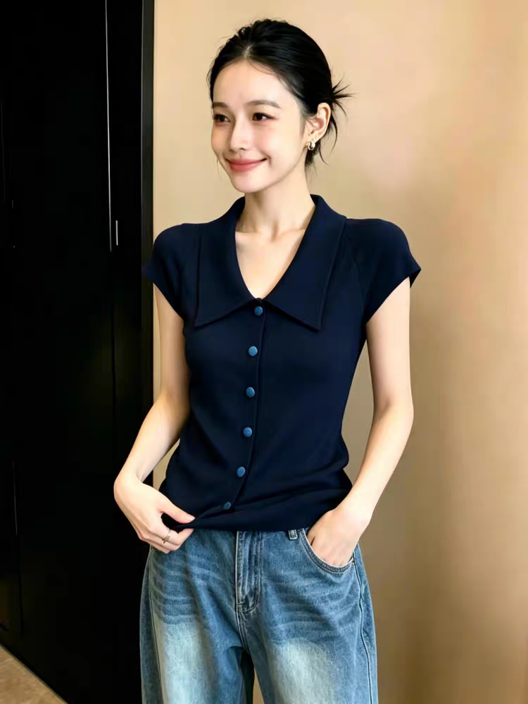 藏青色polo翻領短袖針織衫女夏季薄款巨好看單排扣設計感T恤上衣