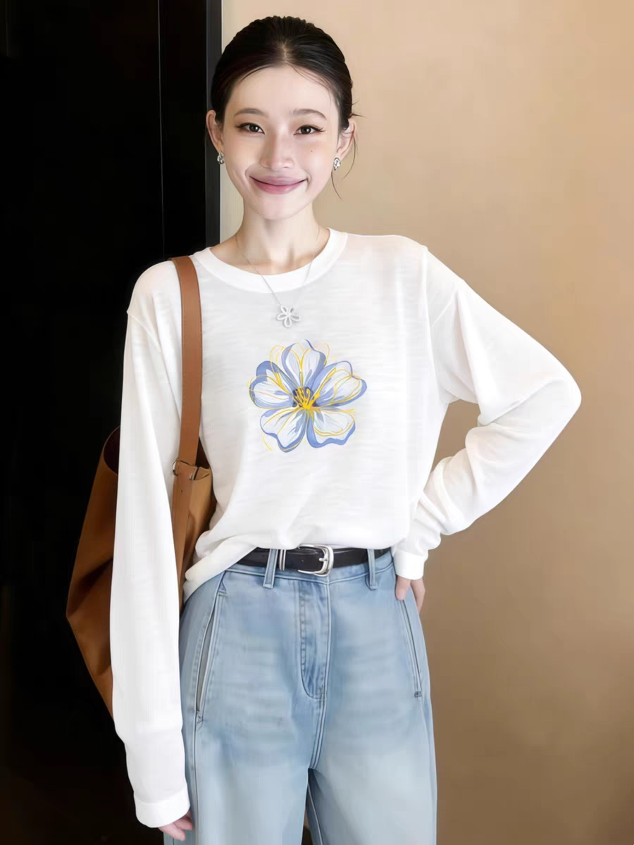 藍色竹節棉防曬罩衫女2026新款夏季寬松輕薄透氣顯瘦長袖t恤上衣