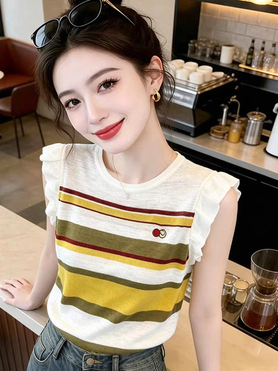 設計感撞色條紋荷葉邊拼接袖背心女2026夏季新款小眾獨特別致上衣