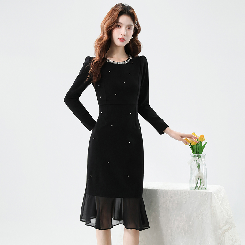 MY13613# 时尚钉钻重工气质显瘦雪纺拼接鱼尾连衣裙女裝貨源服裝批發
