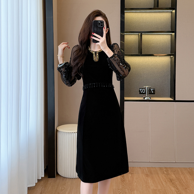 MY15238# 时尚钉珠重工名媛风拼接亮片流苏丝绒连衣裙女裝貨源服裝批發