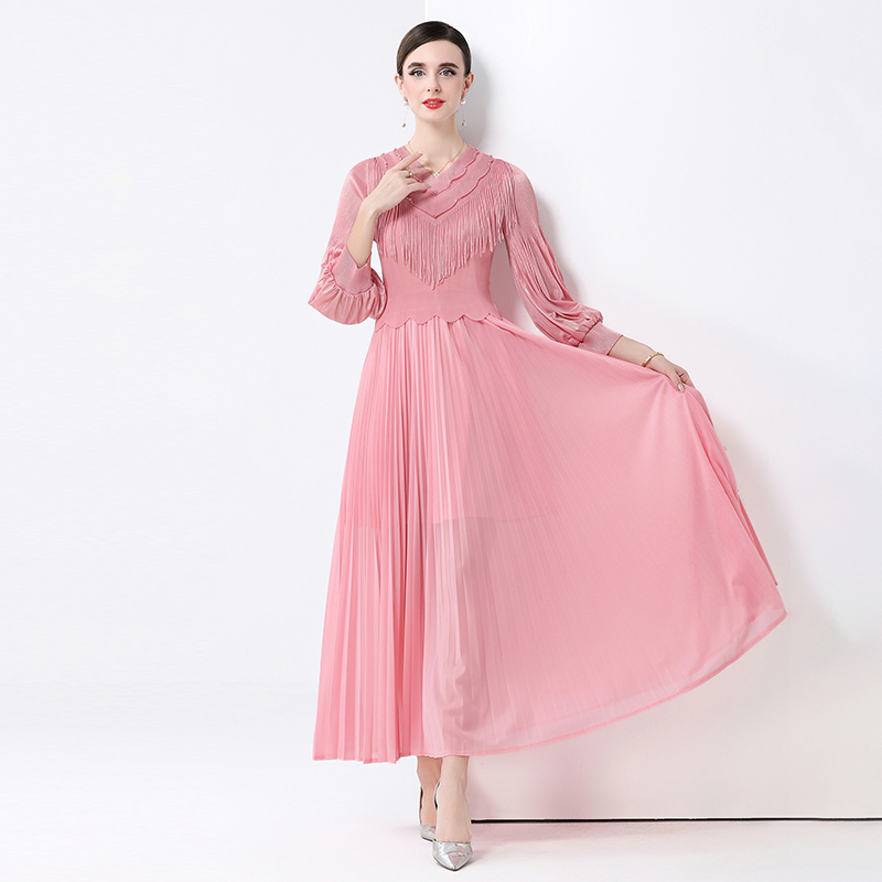 MY14709# 复古重工钉珠烫金喇叭袖褶皱连衣裙女高级感新款过膝礼服裙子...