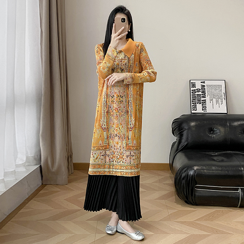 MY14708# 褶皱欧美新款风衣女时尚气质宽松印花开衫长款翻领弹力外女裝...