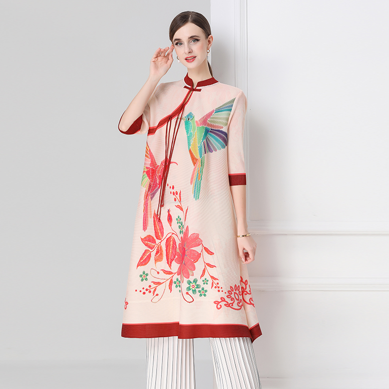 MY16720# 旗袍改良印花连衣裙新款气质洋气妈妈裙子宽松高端盘扣褶皱裙...