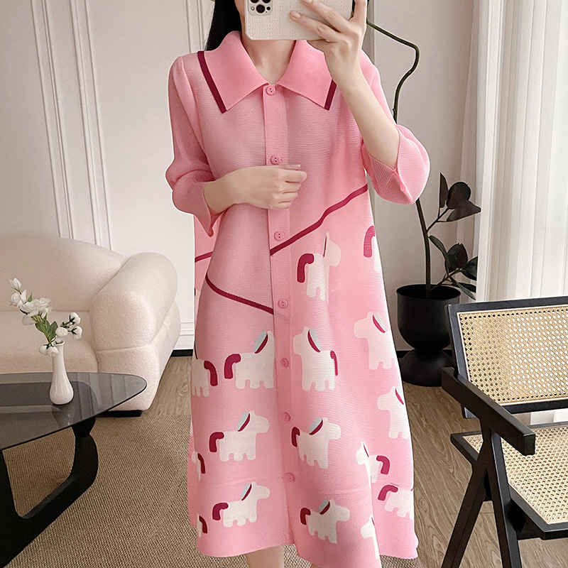 RY2998# 高端褶皱连衣裙2026春秋新款气质大码印花宽松衬衫a字开衫