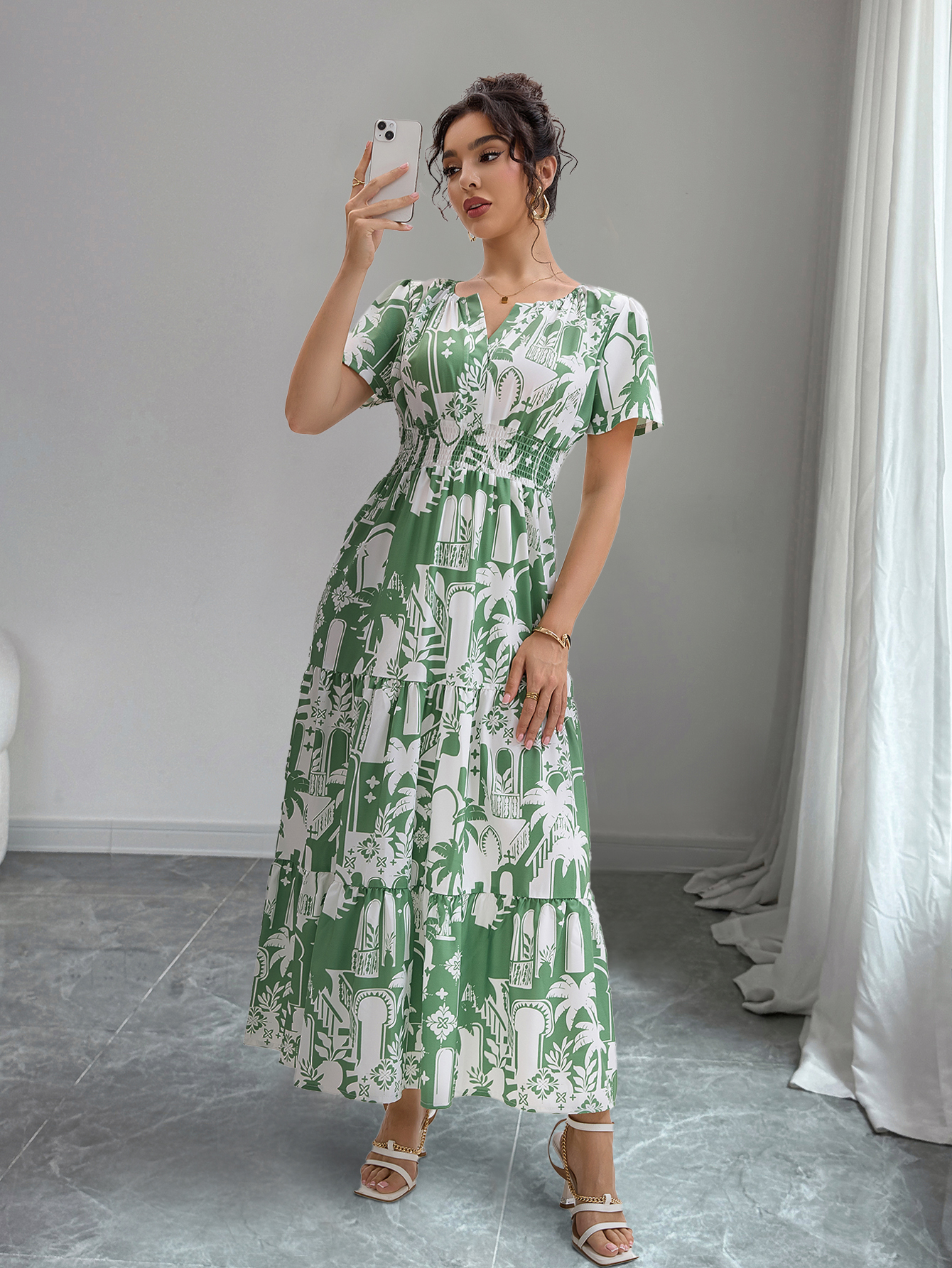 MY16424#女士花卉印花中长连衣裙V领短袖波西米亚度假沙滩裙