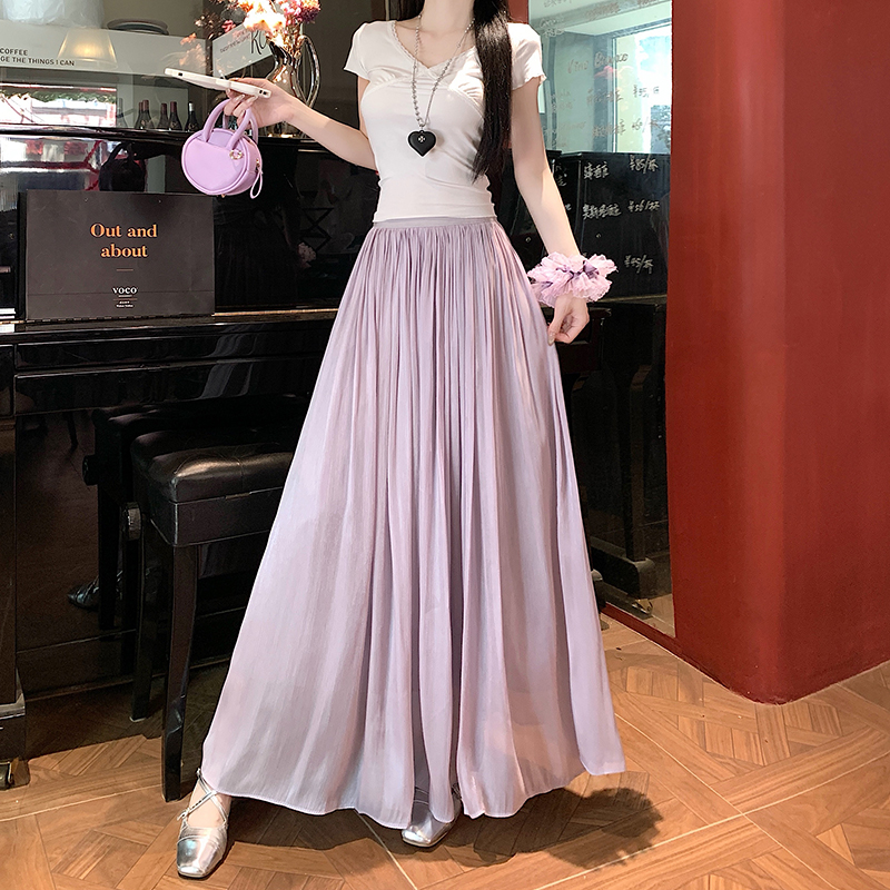 實拍流光紗高個半身裙女2026春夏高腰垂墜感a字大擺傘裙百褶長裙