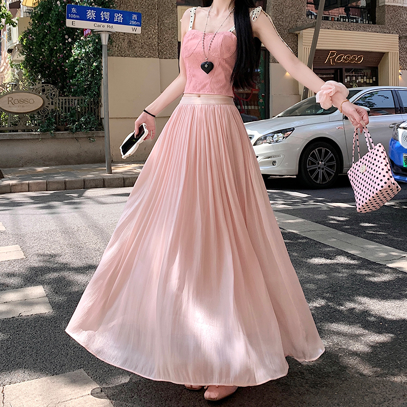 實拍流光紗高個半身裙女2026春夏高腰垂墜感a字大擺傘裙百褶長裙