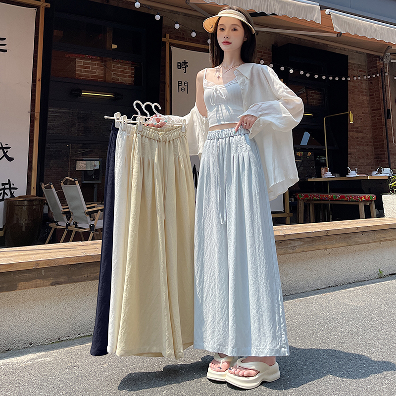 實拍 棉麻褲裙女2026年夏季新款冰絲亞麻闊腿褲寬松休閑九分褲子