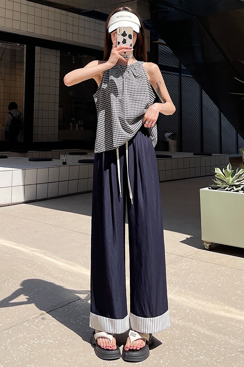 實拍條紋卷邊天絲牛仔褲女2026夏冰絲高腰顯瘦九分褲百搭休閑褲子