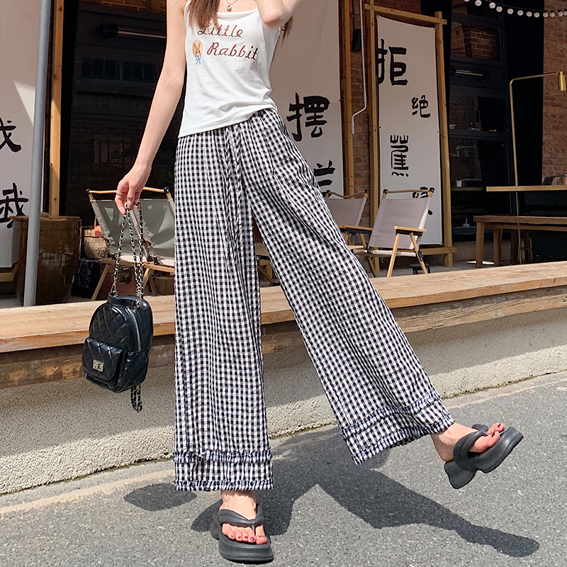 實拍花邊格子闊腿褲女2026夏季高腰垂感慵懶風寬松休閑褲九分褲子