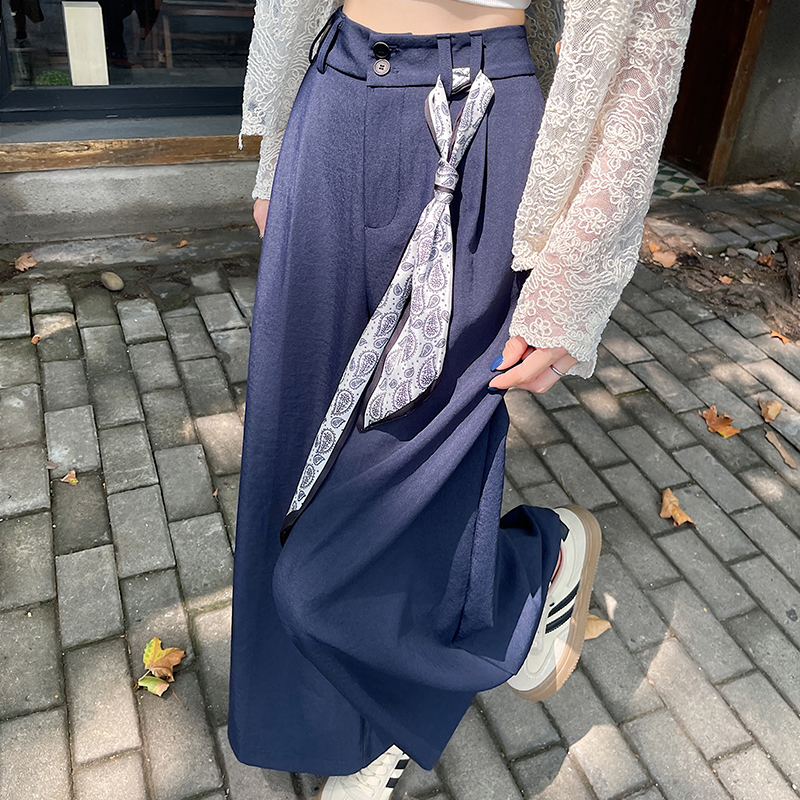 實拍系帶絲巾老錢風闊腿褲女2026春季高腰顯瘦寬松直筒休閑九分褲