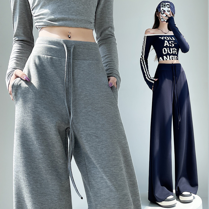 實拍美式復古高腰抽繩闊腿運動褲女2026春季慵懶寬松拖地休閑衛褲