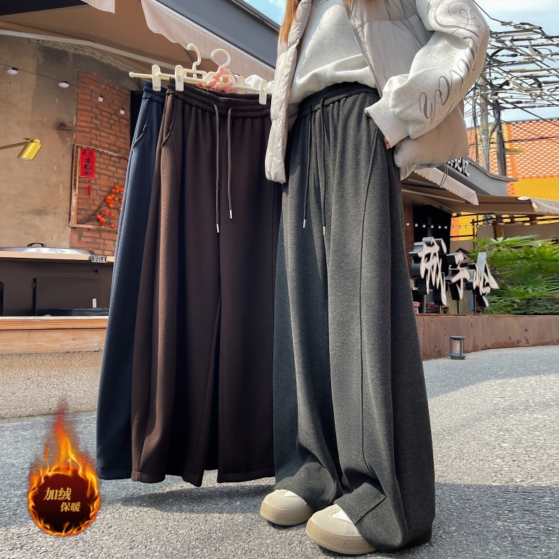 實拍羊絨糯米呢闊腿褲女2025秋冬高腰垂感休閑褲軟糯加絨簡約長褲