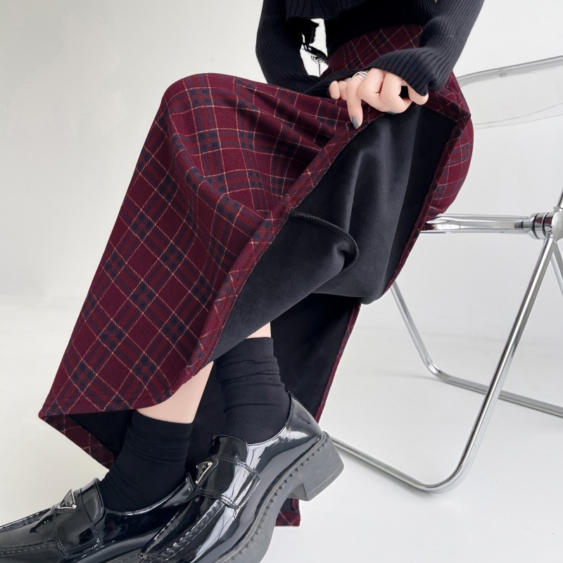 實拍毛呢格子半身裙女2025秋冬高腰顯瘦加絨中長款包臀裙后開衩
