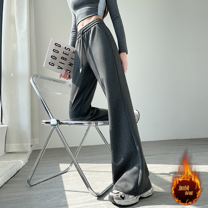 實拍美式復古高腰抽繩闊腿褲女2025秋冬加絨百搭休閑褲微喇褲子