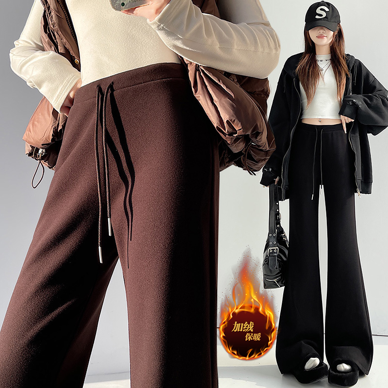 實拍羊絨糯米呢闊腿褲女2025秋冬高腰加絨休閑褲軟糯毛呢微喇褲子