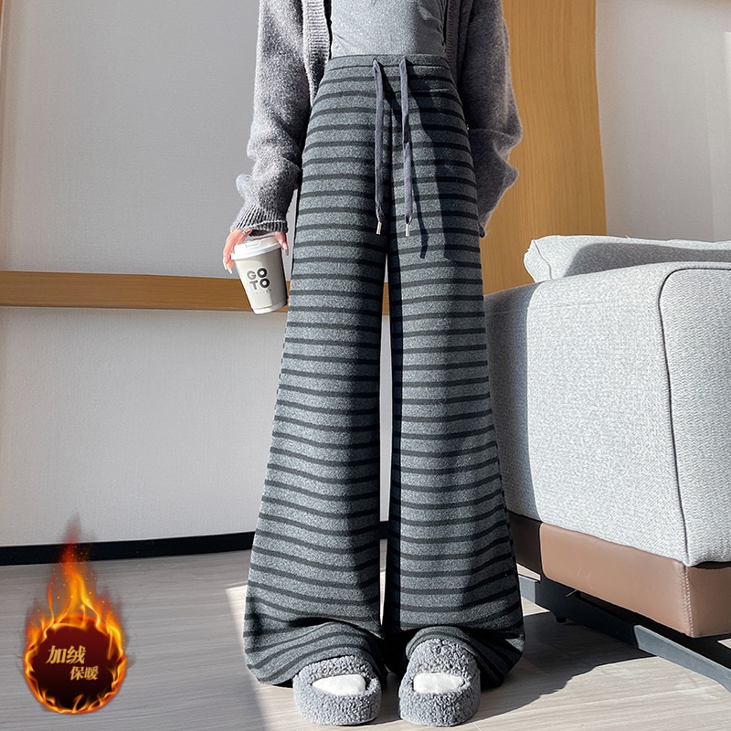 實拍加絨加厚條紋闊腿褲女2025秋冬復古高腰慵懶休閑褲直筒褲子