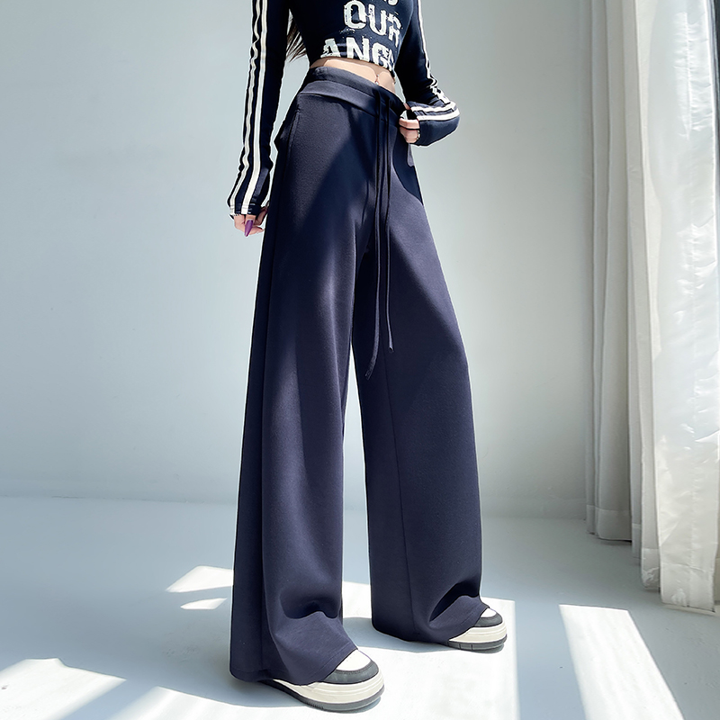 實拍美式復古高腰抽繩闊腿運動褲女2026春季慵懶寬松拖地休閑衛褲
