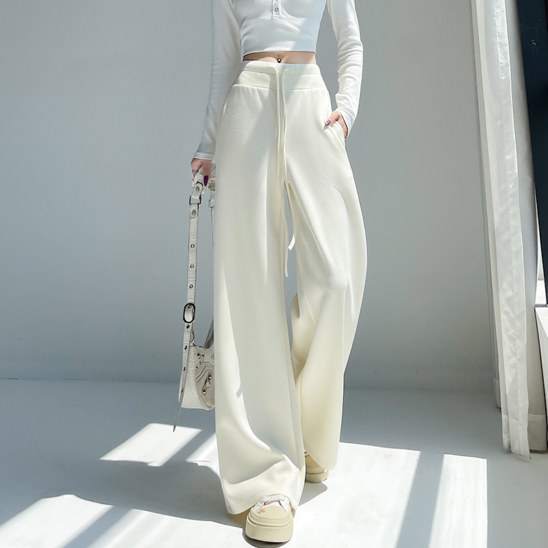 實拍美式復古高腰抽繩闊腿運動褲女2026春季慵懶寬松拖地休閑衛褲